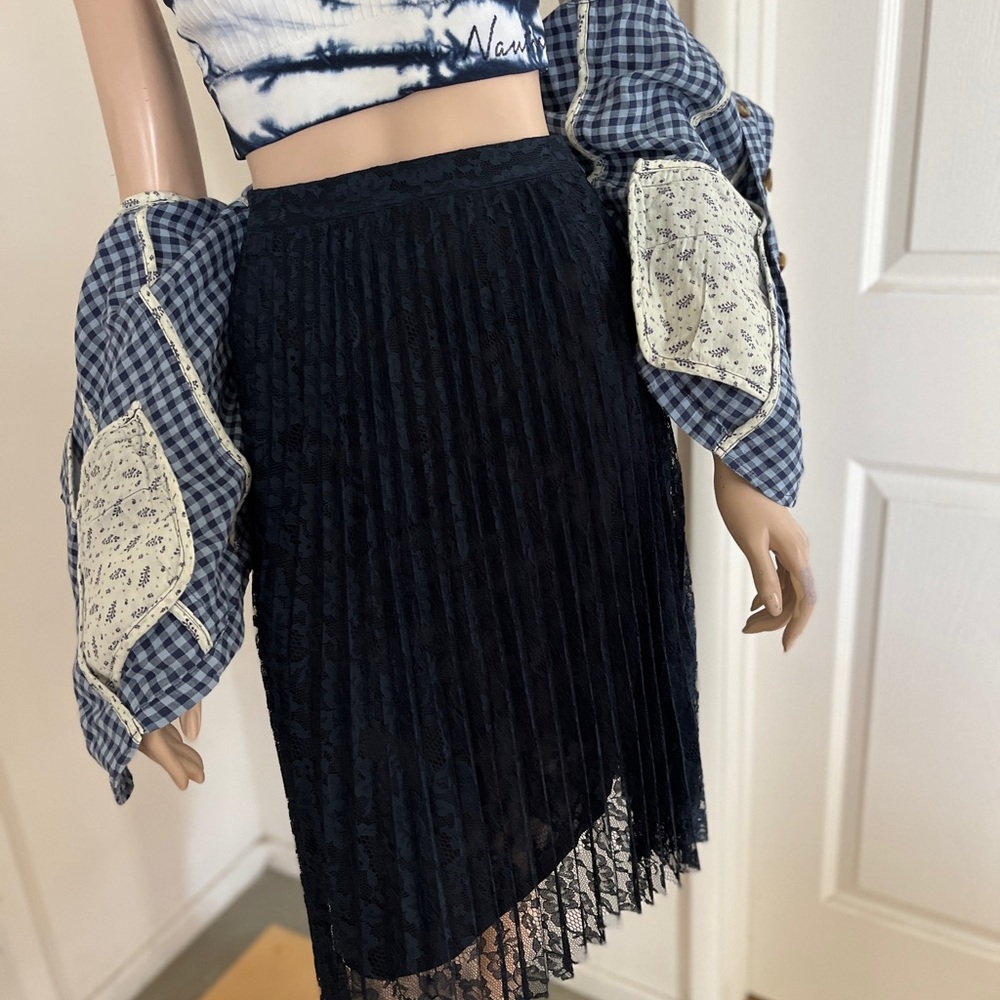 Pleated Skirt Blue Lace Dark Midnight Mango Knife Pleats Please Knee Length S